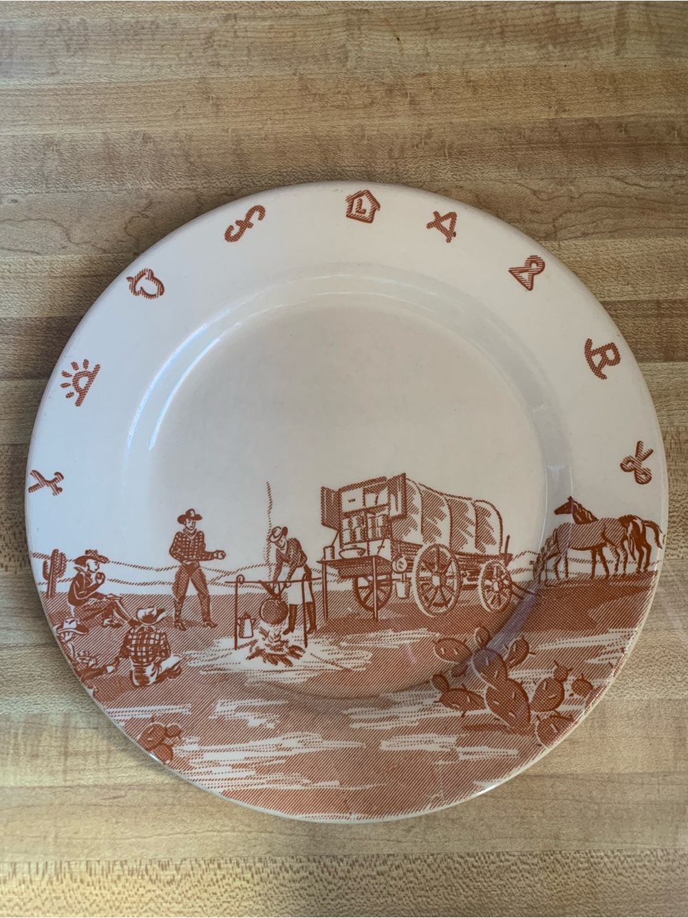 Vintage Wallace chuck wagon Scene Stoneware Dinner Plate in Rust Brown